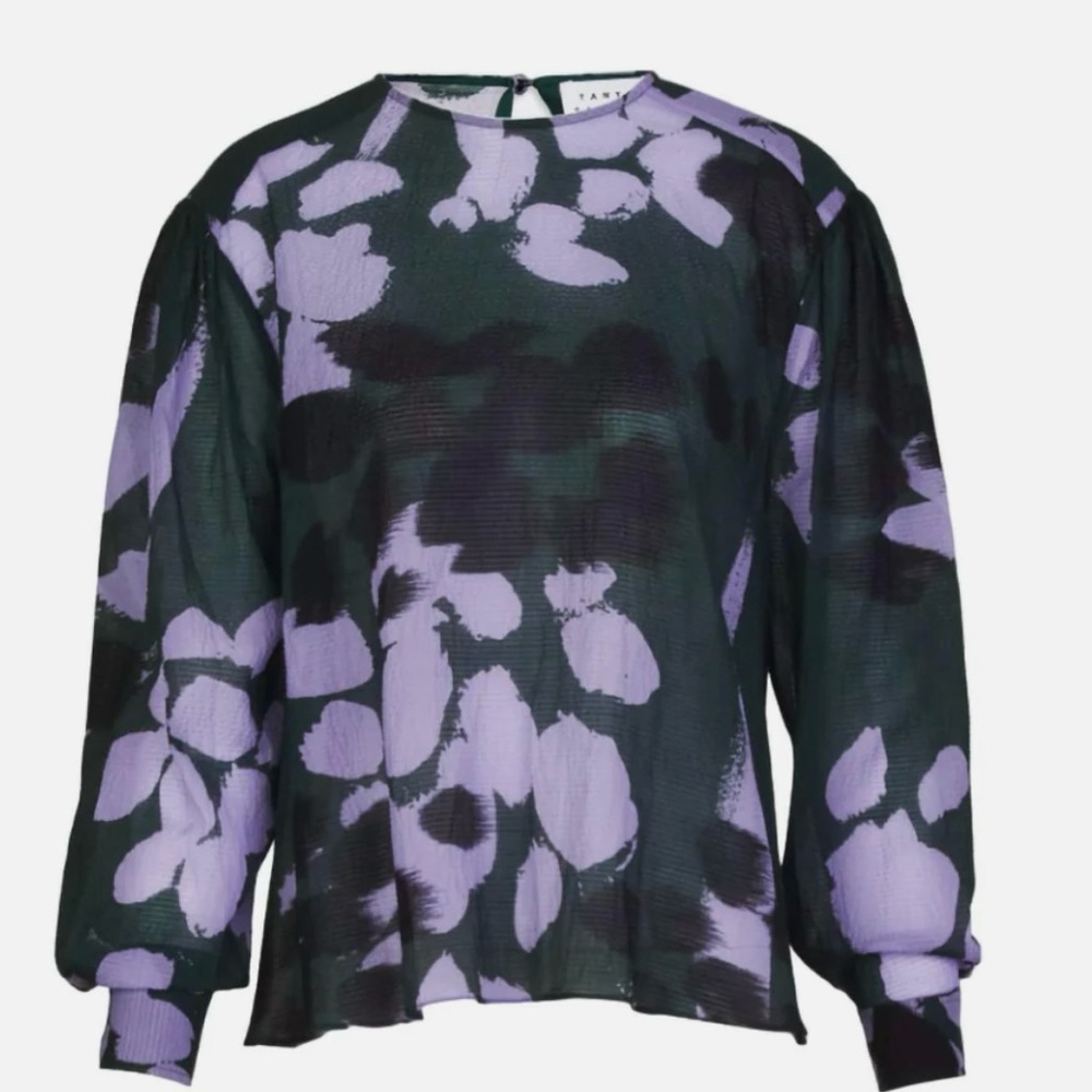 Tanya Taylor Floral Green Purple LS Blouse Size Medium EUC